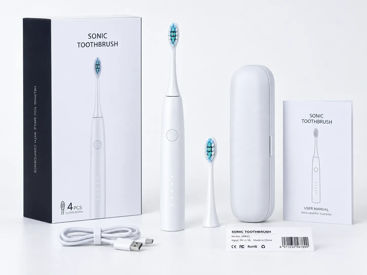 Electric toothbrush platform with labeled customization areas: housing, marking, brush head, charging, accessories and packaging