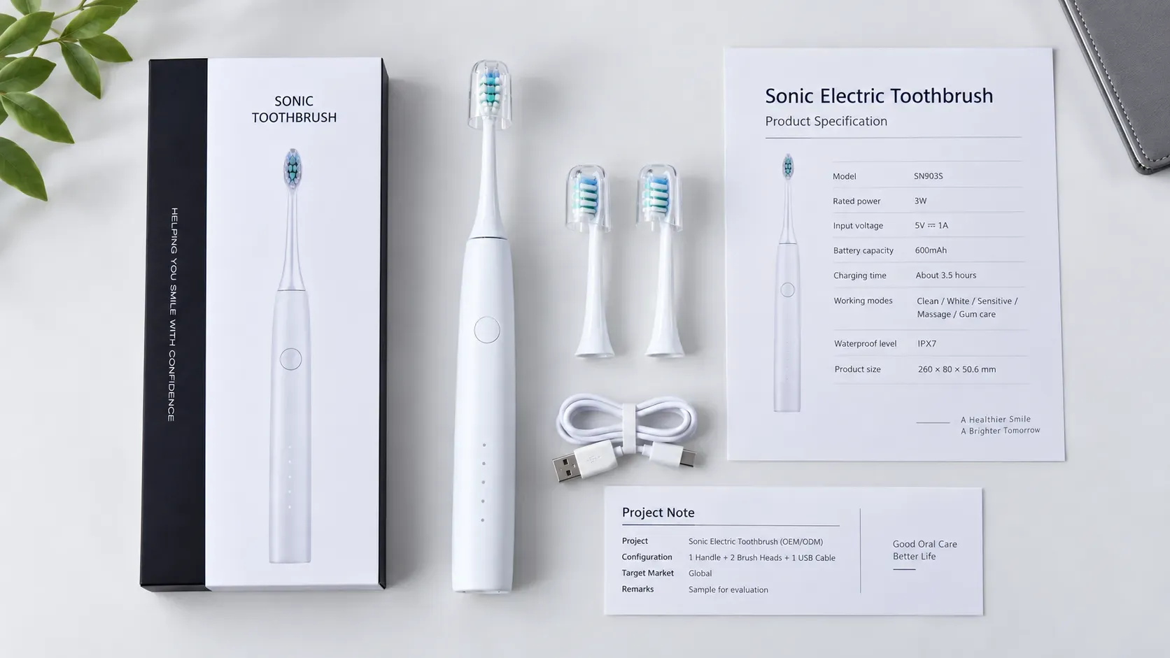 Electric toothbrush platform with labeled customization areas: housing, marking, brush head, charging, accessories and packaging