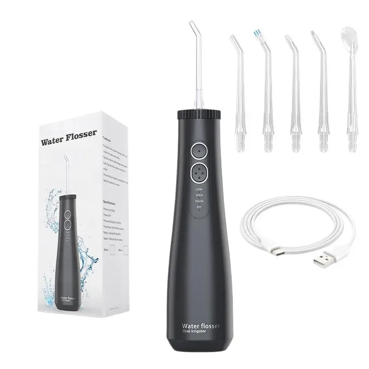 Portable cordless water flosser platform with retail packaging, nozzles and charging accessories
