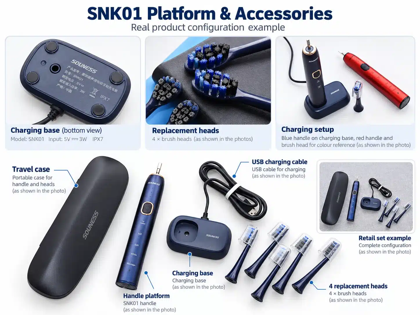 Sonic electric toothbrush with compatible replacement heads and charging accessories
